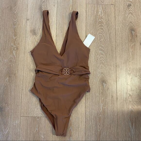 Tory Burch Miller Plunge One Piece Logo Belted Swimsuit - Picture 9 of 10